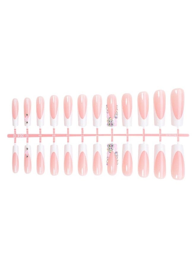 Foccna Press on Nails Pink French Fake Nails Medium Rhinestone Square Bling White Nails Glossy False Nail Tips Artificial Nails Luxury Finger Manicure for Women and Girls,24pcs (Square Nails 3) - Image 4